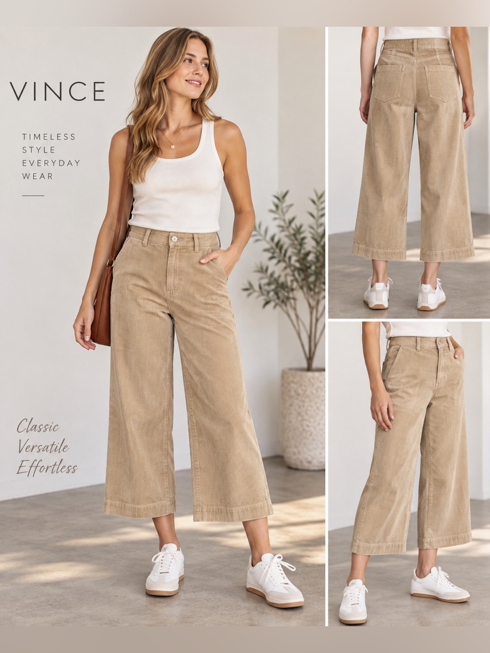 Vince Women's Size 10 Beige Corduroy Wide Leg Crop Pants Culottes 100% Cotton